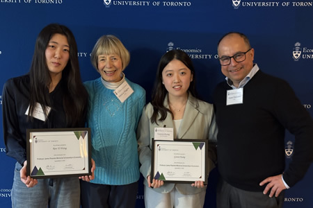Pesando Award winner Ren Yi (Renee) Wang, Patricia Higgins, Goeun (Lacrecia) Kang, Professor Ettore Damiano. James Pesando Memorial Scholarships